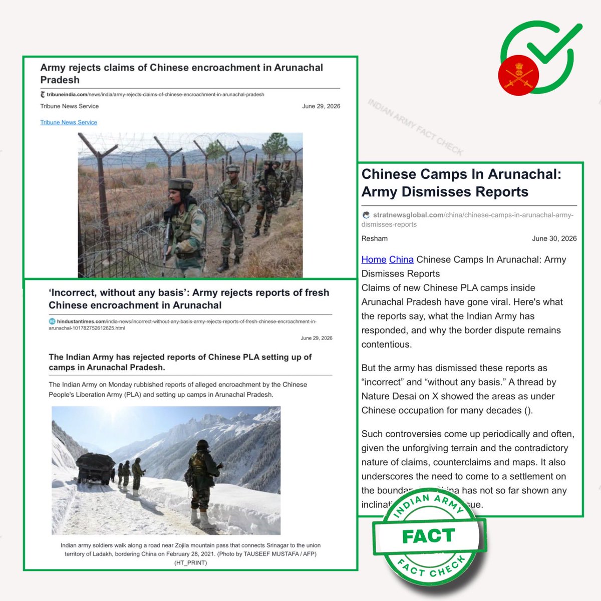 MythbusterXX's tweet photo. 🚨 Filter the Fiction

❌ Pak based propaganda handles like @ZardSi are circulating sensational claims that “China has officially captured Indian territory in Arunachal Pradesh and Indian Army is hiding it in embarrassment.”

✅ Fact: Local groups in Taksing (Upper Subansiri) raised concerns over gradual Chinese activity and road-building in disputed border areas. Indian Army has categorically rejected these claims stating, “We have seen some media reports alleging recent encroachment by Chinese PLA and setting up of camps in Arunachal Pradesh. These reports are incorrect and without any basis.”

🔗 Link: https://t.co/nvF69lhfKt

🎯 Disinformation Pattern:  
Take border infrastructure activity or local grievances → sensationalise as “loss of territory” → trigger panic & anti-India narrative → amplify via emotional posts / videos → weaken public confidence in our forces.

⚠️ Always verify before sharing. Rely on official Indian Army statements and credible defence sources, not random X accounts with clear agendas.

#ArunachalPradesh  
#IndianArmy  
#FactCheck  
@adgpi
@easterncomd
@GoI_MeitY