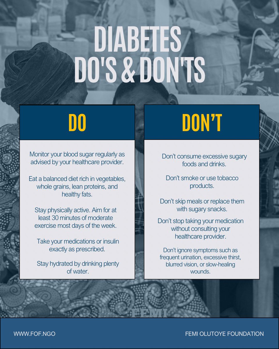 femiofoundation's tweet photo. 🩸 Diabetes management starts with daily choices.

✅ Eat healthy
✅ Stay active
✅ Monitor your blood sugar
✅ Take medications as prescribed

Healthy habits can help prevent complications.

#DiabetesAwareness #FOF #HealthyLiving https://t.co/ySwnxcT3jf