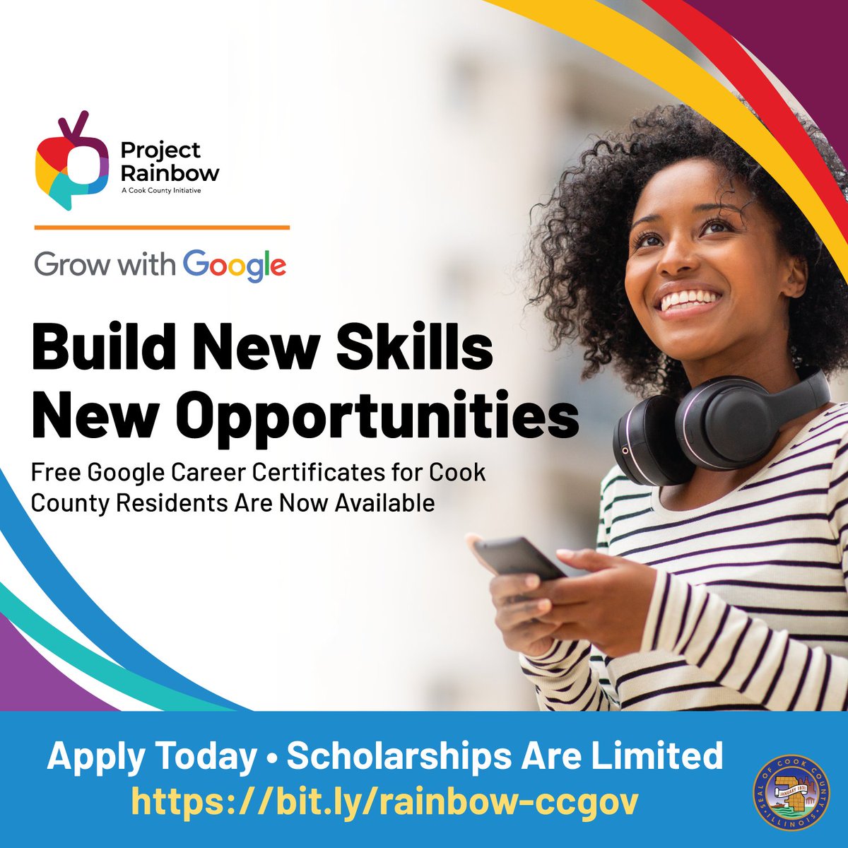 cookcountygov's tweet photo. A new opportunity is here!

Eligible Cook County residents can now earn FREE Google Career Certificate Scholarships through Project Rainbow and gain job-ready skills in AI, cybersecurity, project management and more.

Apply today as spots are limited: https://t.co/vuNnSSW8v2 https://t.co/M2jtzUcs9V
