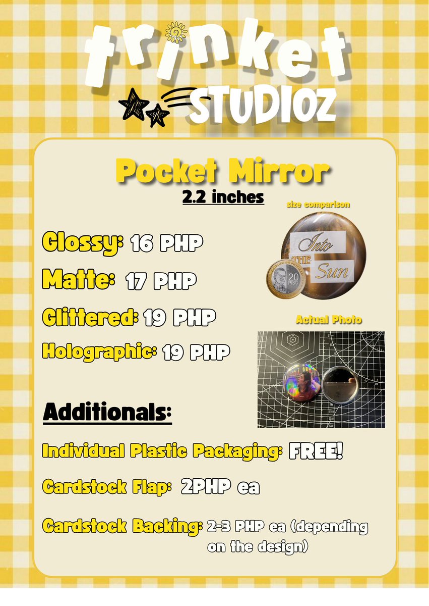 trinketstudioz's tweet photo. POCKET MIRROR PRICELIST
Minimum of 10 PCs https://t.co/LhCvk1M7hy