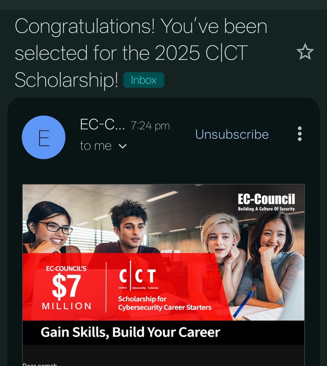 SGamil2050's tweet photo. Grateful to be selected for the 2025 EC-Council C|CT Cybersecurity Scholarship. Looking forward to continuing my cybersecurity journey. 🔐
#cyber #soc #cct #career https://t.co/dvjpB7Rj6q