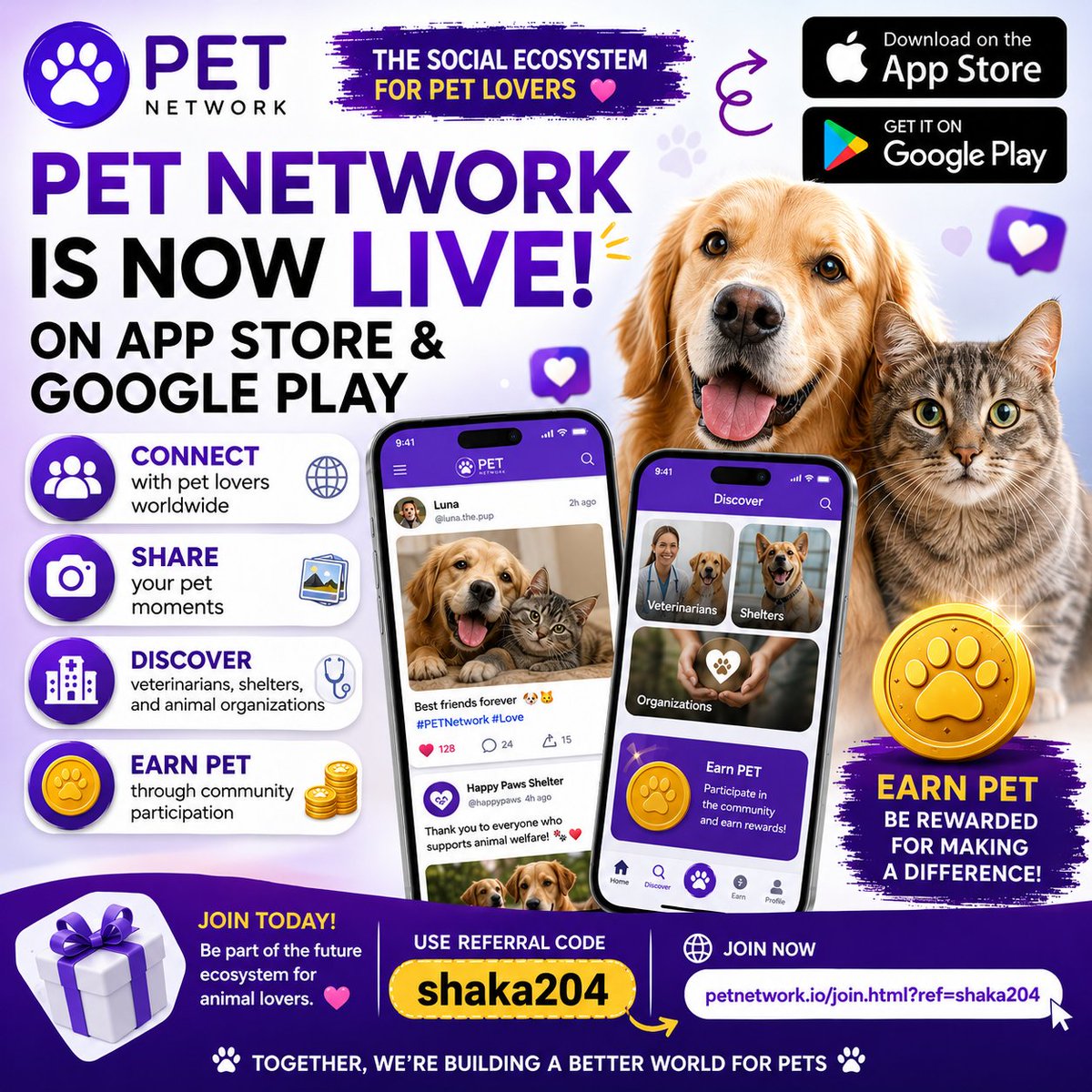 ShafaqatAl17258's tweet photo. πΎ PET Network is now live on the Apple App Store & Google Play! π
π² Join: https://t.co/hx3XOydKl8
ποΈ Referral Code: shaka204
β
Earn PET rewards πΆ Connect with pet lovers worldwide πΈ Share your pet moments
#PETNetwork #PetLovers #AppleStore #GooglePlay #PET #Web3 https://t.co/qbCE3dtKOk