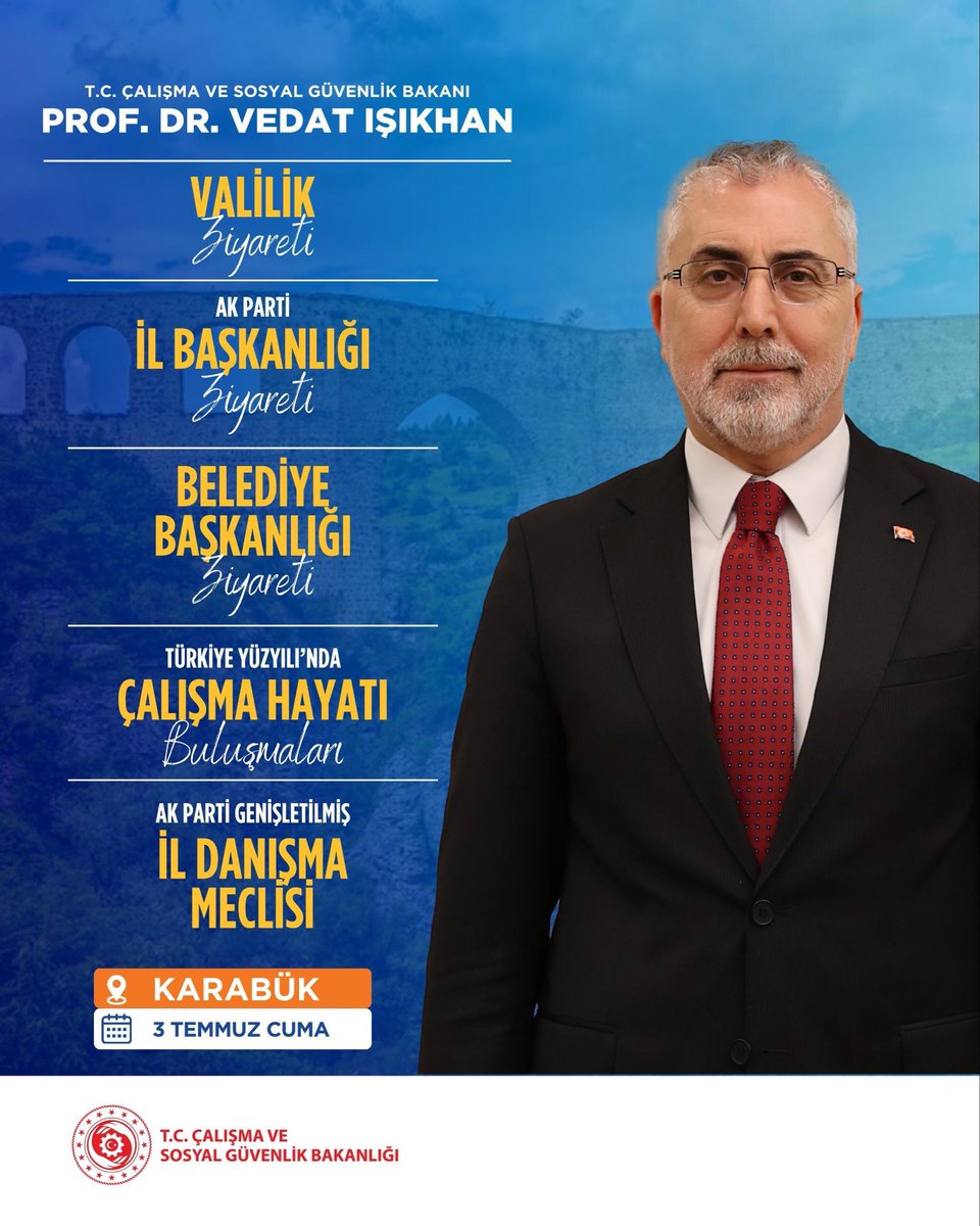 csgbakanligi's tweet photo. Çalışma ve Sosyal Güvenlik Bakanımız Sayın Prof. Dr. @isikhanvedat’ın Karabük Ziyareti
 
🗓️3 Temmuz Cuma
📌Karabük https://t.co/gK2byzvu2Z