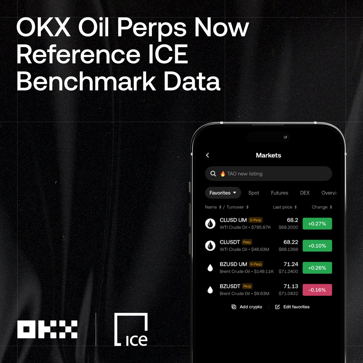 okx's tweet photo. Trade oil against the benchmarks the global energy market runs on.
 
Our Brent &amp; WTI perpetuals now reference licensed ICE benchmark data, used worldwide for pricing, hedging, and risk management.
 
Learn more: https://t.co/TG4Wjkt7Oj https://t.co/mqZExbzIoJ