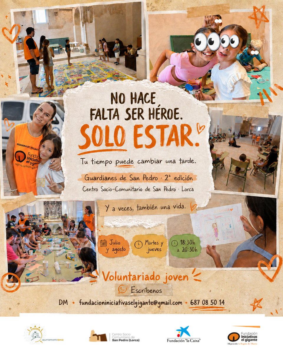 FundacionIEG's tweet photo. No hace falta ser héroe.
A veces basta con estar.
Buscamos jóvenes voluntarios/as para Guardianes de San Pedro, en el Centro Socio-Comunitario de San Pedro, Lorca.
Elige tus días y colabora.
Julio y agosto
Martes y jueves
18:30 h a 20:30 h

DM · 687 08 50 14 https://t.co/RqZefAEVYA