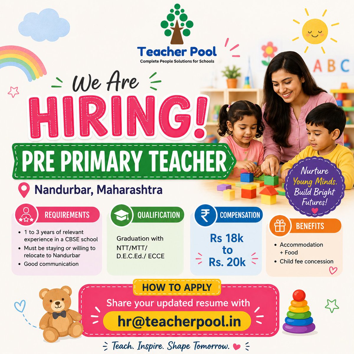 pool_teacher's tweet photo. Hiring Pre Primary Teacher in Nandurbar, Maharashtra. Graduation with NTT, MTT, D.E.C.Ed. or ECCE and 1 to 3 years CBSE experience required. Accommodation and food provided. Apply at hr@teacherpool.in
 #Hiring #TeachingJobs #CBSE #ECCE https://t.co/oX08qbMIIZ