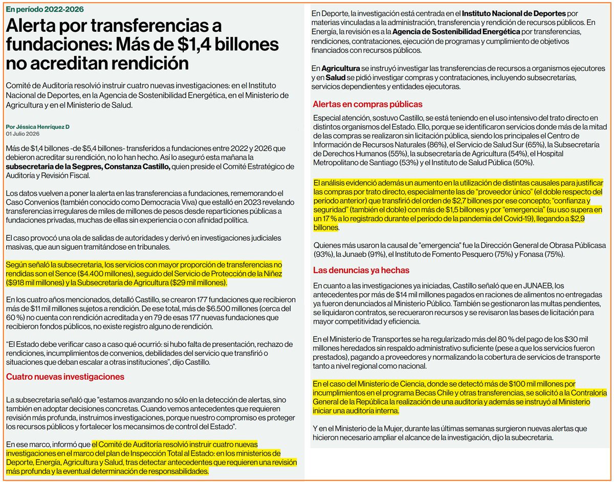sergiou01329861's tweet photo. Alerta Nacional por transferencias a fundaciones durante el Gobierno de Boric de más de $ 1,4 billones que no acreditan rendición, o sea, fueron directo al bolsillo sin ningún respaldo financiero.
Esto lo deberían leer todos los chilenos para que entiendan la gravedad del tema. https://t.co/y9BgY0pIpT