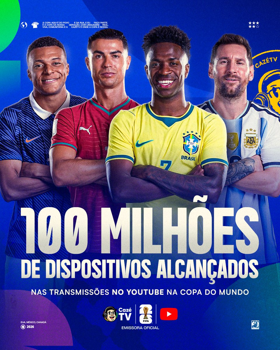 CazeTVOficial's tweet photo. 100 milhões de dispositivos alcançados até agora nessa Copa.

Mas, pra gente, esse número nunca foi sobre dispositivos.

É sobre as milhões de pessoas que, todos os dias, escolhem estar com a CazéTV. É sobre quem acompanha a gente há anos, quem chegou agora na Copa, quem chama o vizinho pra assistir, quem reconhece nossas camisas nas ruas. Quem manda mensagem no grupo, comenta no chat, ri das nossas bobeiras, se emociona com a gente e volta no dia seguinte.

Por trás de cada tela existe uma história. E, juntos, vocês estão transformando essa Copa em algo que nunca vamos esquecer.

O mais bonito é que essa história não para de crescer. Todos os dias chegam novas pessoas para fazer parte dessa comunidade, enquanto tantas outras seguem caminhando com a gente desde o começo.

Esses 100 milhões são consequência da confiança, do carinho e da escolha de vocês.

Então, antes de comemorar qualquer número, a gente só queria dizer: obrigado. 

Obrigado por fazerem da CazéTV a companhia de cada dia. E saibam que vocês também são a nossa.

Enquanto vocês estiverem com a gente, nós vamos continuar sonhando mais alto e indo cada vez mais longe.

Porque isso é só o começo.

Ainda tem MUITA coisa boa por vir. ❤️