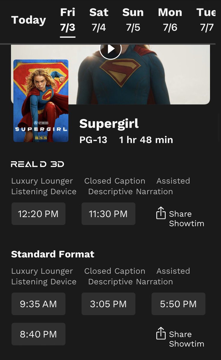 RobbertRollins's tweet photo. @HollywoodHandle Supergirl had 20+ showings last week on 4 standard screens at our theater. Now it has 4 showing on one screen for this weekend. I’ve never seen a movie this big get an 80% reduction one week after opening. Disclosure Day has more showings. Absolute flop. https://t.co/VxVXYMkFI7