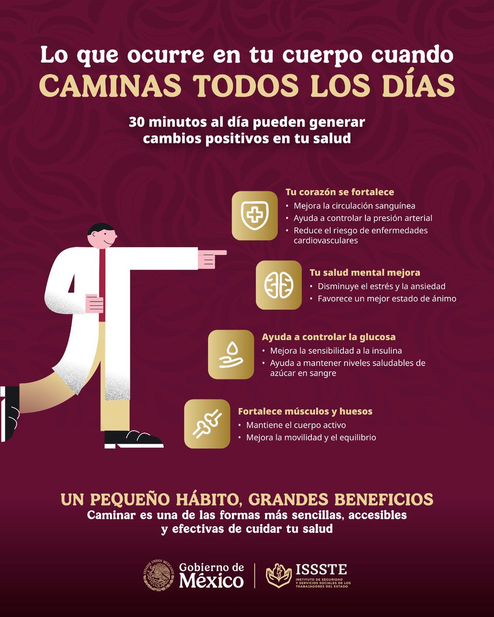 RockAvilaISSSTE's tweet photo. Caminar diariamente es el hábito más sencillo y poderoso para cuidar tu corazón, controlar el estrés y vivir con más energía. 
¡Tu salud te lo va a agradecer hoy y siempre!

¿Empezamos hoy? Cuelga la pantalla un momento, ponte los tenis y sal a caminar 30 minutitos. ¡Cuerpo y mente listos para activarse!

#PrevenciónISSSTE #Bienestar