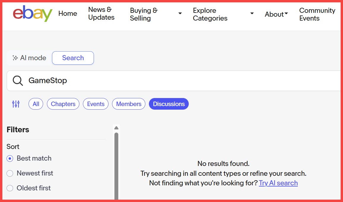 ValueAddedRS's tweet photo. Checking in on the new eBay community forum &amp; noticed something strange. 👀

The onsite search claims there are no results for "GameStop" - but a Google site search pulls up multiple links, all of which are still active if you click through.

Interesting...🤔

$EBAY $GME https://t.co/9Ykf5gTL7M
