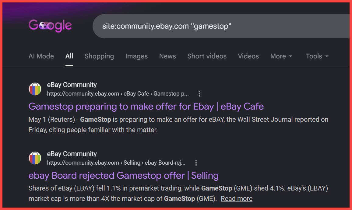 ValueAddedRS's tweet photo. Checking in on the new eBay community forum &amp; noticed something strange. 👀

The onsite search claims there are no results for "GameStop" - but a Google site search pulls up multiple links, all of which are still active if you click through.

Interesting...🤔

$EBAY $GME https://t.co/9Ykf5gTL7M