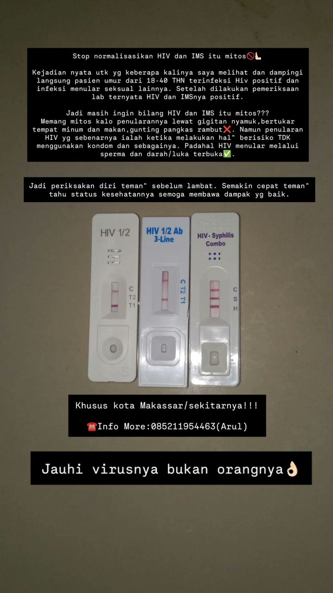 muhsahrul401's tweet photo. Tujuannya bukan utk menakut"ti tapi sekadar memberi edukasi kepada teman"🙏🏻🙏🏻😇.
Butuh informasi dan konseling lebih lanjut? Hubungi:
☎️085211954463(A R U L).
#TESHIVGRATIS #IMS #ARV #PREP #makassar #saftysafe #makassargay #freekondompelicin #gaymakassar #gowa https://t.co/KD2c6SWLcK