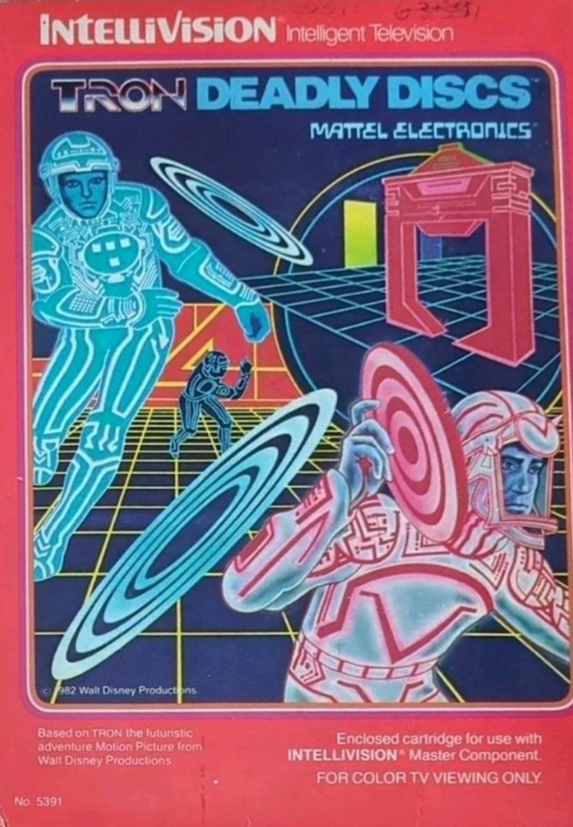 PulpLibrarian's tweet photo. "For color TV viewing only." Hmmm, what if we played more games in black and white? Would it feel more noir?

Tron Deadly Discs (Intellivision, 1982) https://t.co/FKeTu6FTIv