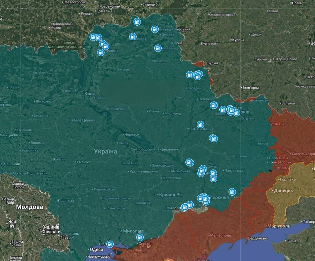 SU_57R's tweet photo. 🇷🇺🇺🇦 Ukrainian channels report that over the past week Russian strikes destroyed 70 different gas stations across the entire frontline. 

Some are not visible on this map. https://t.co/bh1tQAaq5C
