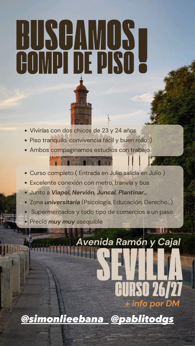 flooow_5's tweet photo. Buscamos compañero/a de piso para el curso 26/27. Incorporación inmediata!! #us #pisosevilla #sevilla #pisossevilla #queydondeestudiar26 #estudiantes #buscopisosevilla 

Interesados @simonlieebana_ o @pablitodgs vía ig. https://t.co/TLEW7TLBNc