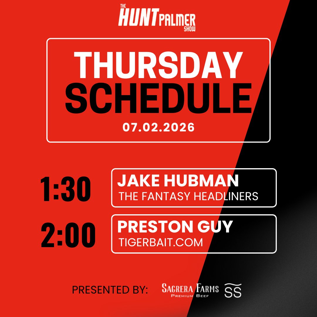 1045espn's tweet photo. 🚨Today on The Hunt Palmer Show presented by Sagrera Farms🚨

⏰1-3pm

🏈1:30 - @FntsyHeadliners 
🐯2:00 - @PGuy77 

📺WATCH: https://t.co/uPSdnU9zCn
🎧LISTEN: https://t.co/6yCn5AqhEm https://t.co/wRfMvjW1E2