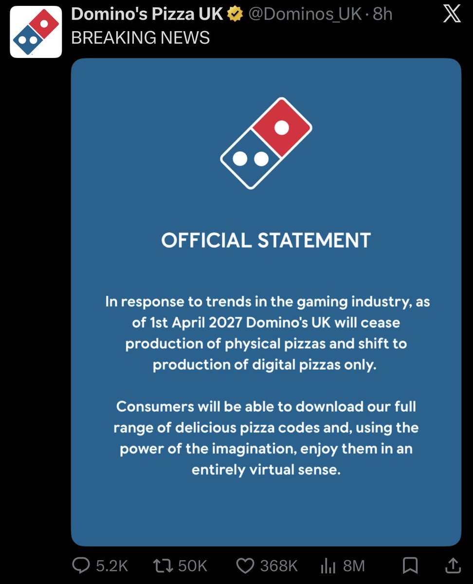 Awk20000's tweet photo. Domino’s Pizza UK drops a PlayStation joke

“As of 1st April 2027 Domino’s UK will cease production of physical pizzas and shift to production of digital pizzas only” https://t.co/kPsr2OJj5P