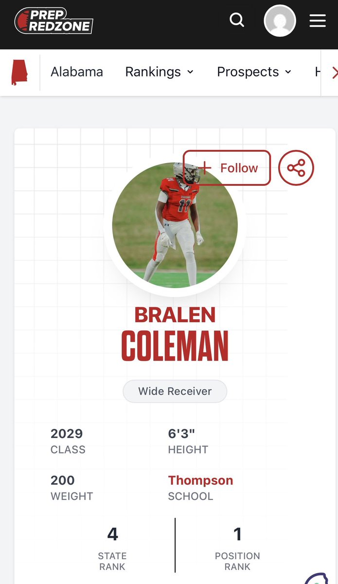 Bralen_Coleman's tweet photo. Rankings aren't everything, but it's an honor to be in the conversation as the #1 WR and Top 4 overall prospect in the Class of ‘29 for Alabama. Grateful for the recognition, but the work is just getting started. #AGTG✝️ Thanks for another great write up @CJacksonPRZ @RecruitWarriors @WARRIORNATION @ChadSimmons_ @TDARecruiting @samspiegs @TomLoy247 @adamgorney @HallTechSports1 @ALLGASATHLETES  @AL7AFootball