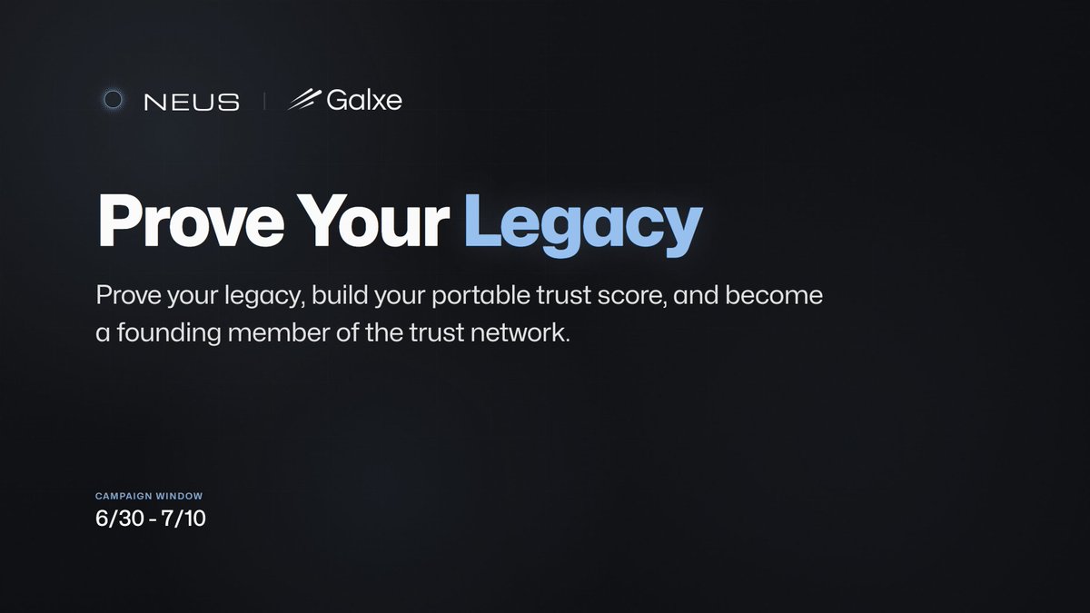 neusnetwork's tweet photo. Every app restarts trust from zero.

NEUS makes trust portable — one receipt, checked anywhere.

Our launch badge is live on @GalxeQuest. Claim your OAT.

Powered by @GalxeQuest 

https://t.co/jRgZEJdRw1

#GalxeOAT #TrustThatTravels https://t.co/FXFcvNSrp2