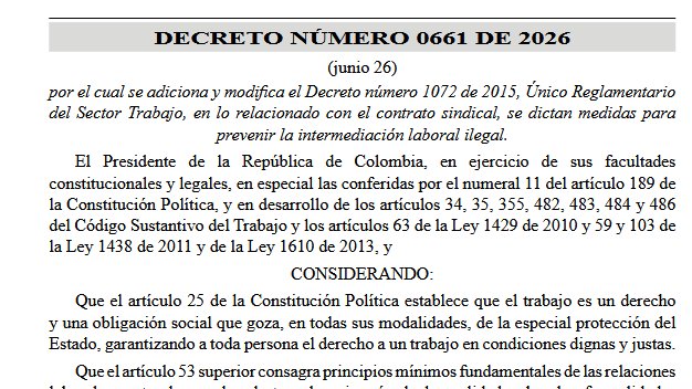 NormatividadCEL's tweet photo. Decreto 661/2026 Tema: Contrato sindical. Prevención de la intermediación laboral ilegal. https://t.co/dthBuflYLd