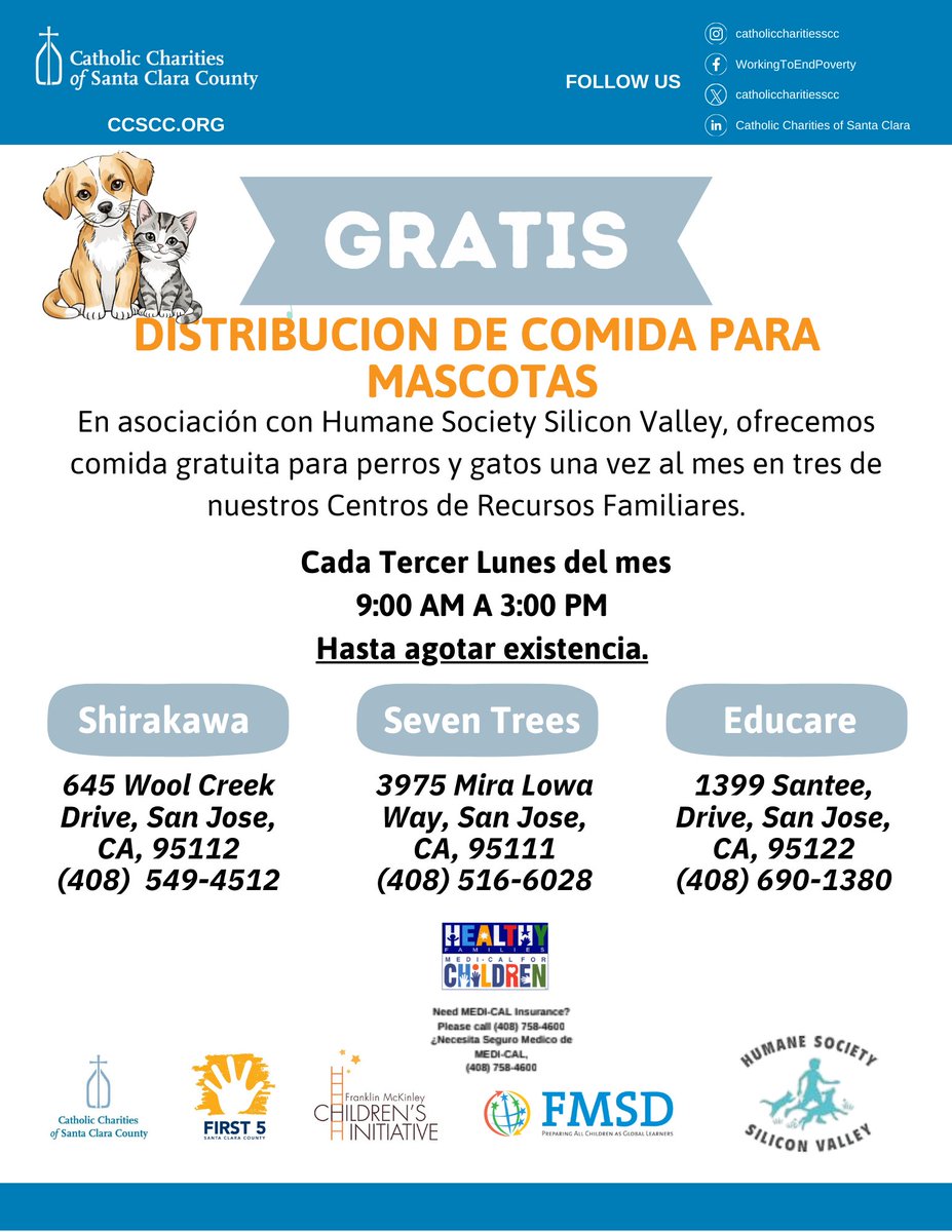 CatholicCharSCC's tweet photo. Keeping tails wagging and bellies full! 🐾
We know that pets are family. That’s why Catholic Charities of Santa Clara County, in partnership with Humane Society Silicon Valley,  provides FREE dog and cat food once a month at our Family Resource Centers.
https://t.co/8UGQxf1FgC https://t.co/TWjuHTYaHu