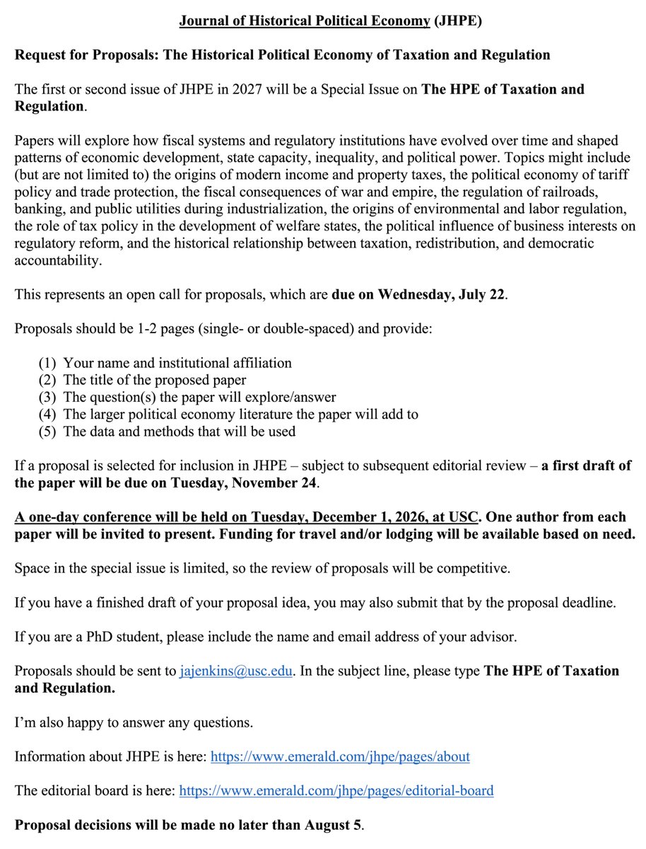 jaj7d's tweet photo. Request for proposals:

Special Issue of @JHPE_journal on The HPE of Taxation and Regulation.  

Details below. Proposal deadline: July 22. Conference @USCPrice: December 1. https://t.co/DFyZhIOQOy