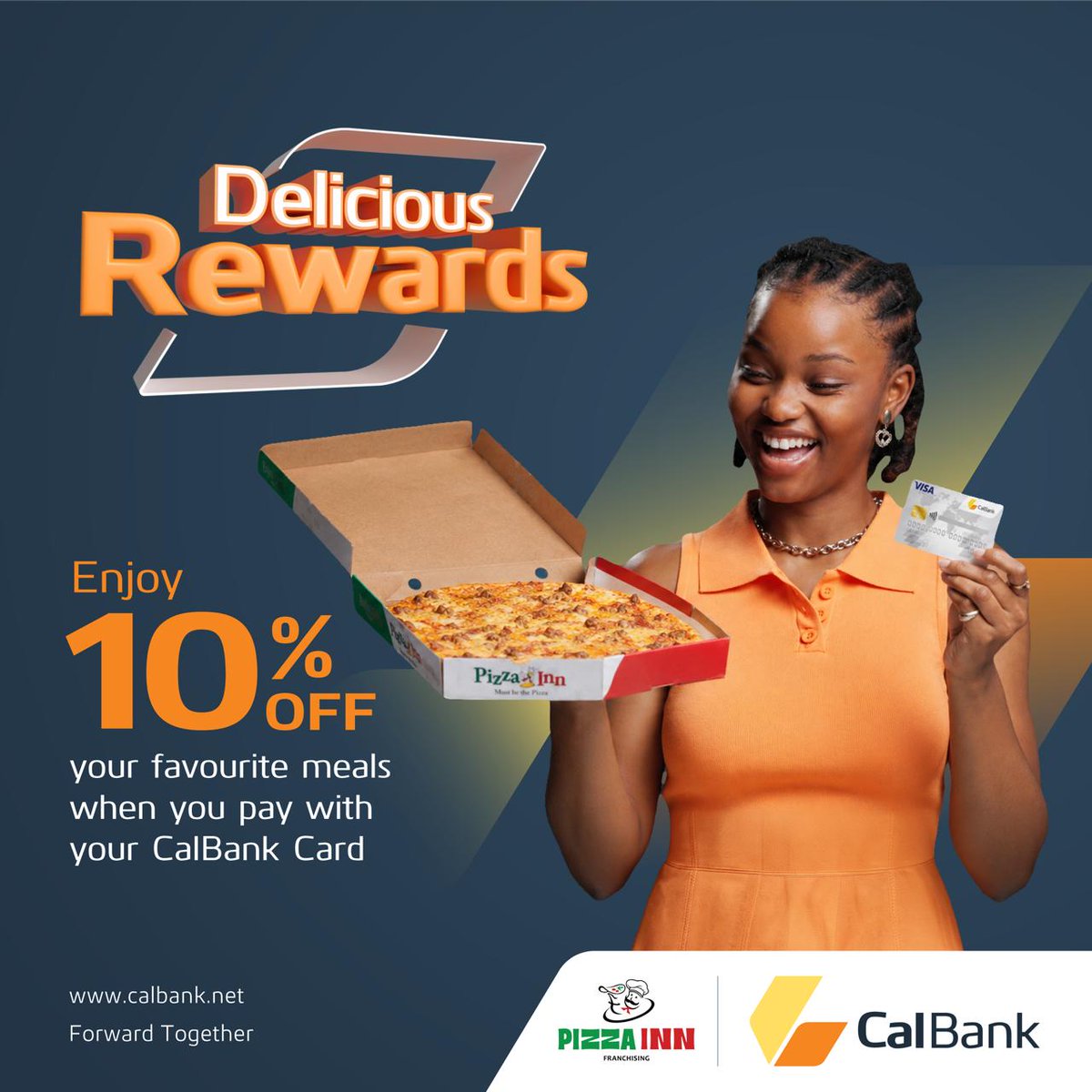 CalBankPLC's tweet photo. A holiday calls for good food! 🍕
Make your pizza moments even more rewarding. Pay with your CalBank Card at Pizza Inn and enjoy 10% OFF your meal.
#LifeSimplified #CalBank #ForwardTogether https://t.co/XyYjhRunto