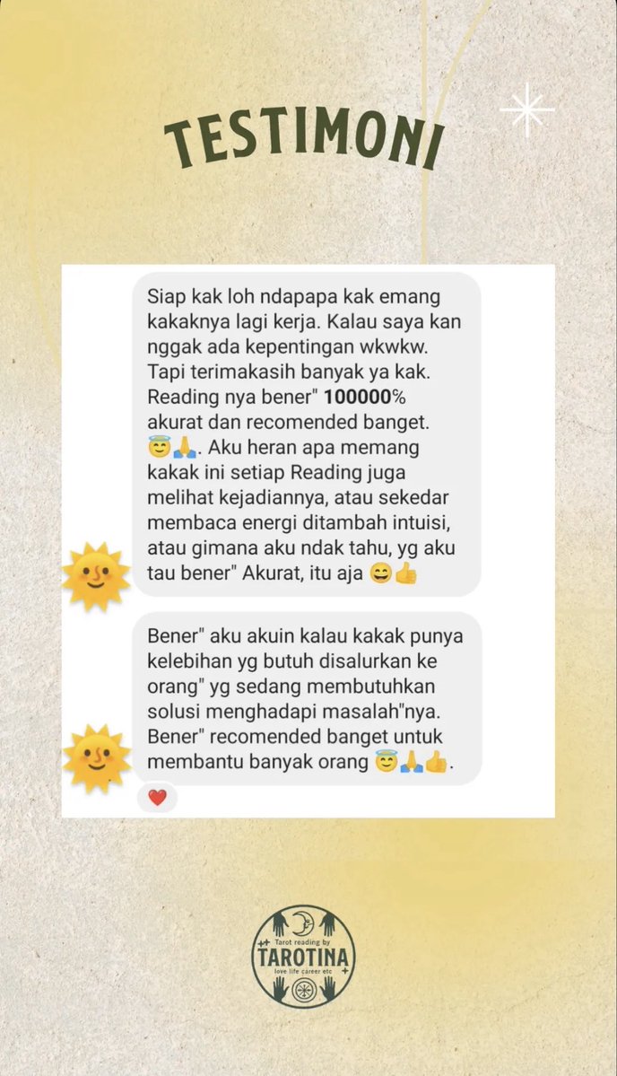 tarotina__'s tweet photo. NEW! Tarot reading with VN, lgsg dibacakan! Trusted since 2021. Interactive, no AI, privasi aman, bebas topik. Setelah reading msh bisa tanya2 ya 🤍✨ 

Fast response via WA: https://t.co/EIQQumwRgv

All testimonials on IG: https://t.co/HyS9N83nwt

#zonauang #bealanja #zonajajan https://t.co/USgZtjRGp5