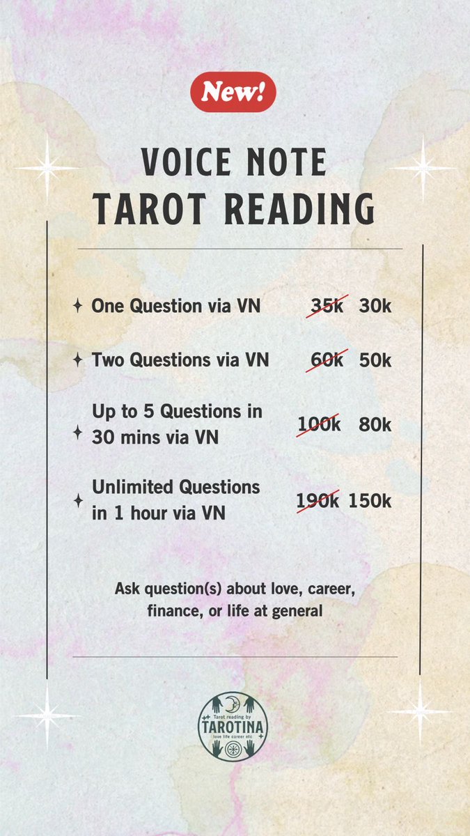 tarotina__'s tweet photo. NEW! Tarot reading with VN, lgsg dibacakan! Trusted since 2021. Interactive, no AI, privasi aman, bebas topik. Setelah reading msh bisa tanya2 ya 🤍✨ 

Fast response via WA: https://t.co/EIQQumwRgv

All testimonials on IG: https://t.co/HyS9N83nwt

#zonauang #bealanja #zonajajan https://t.co/USgZtjRGp5