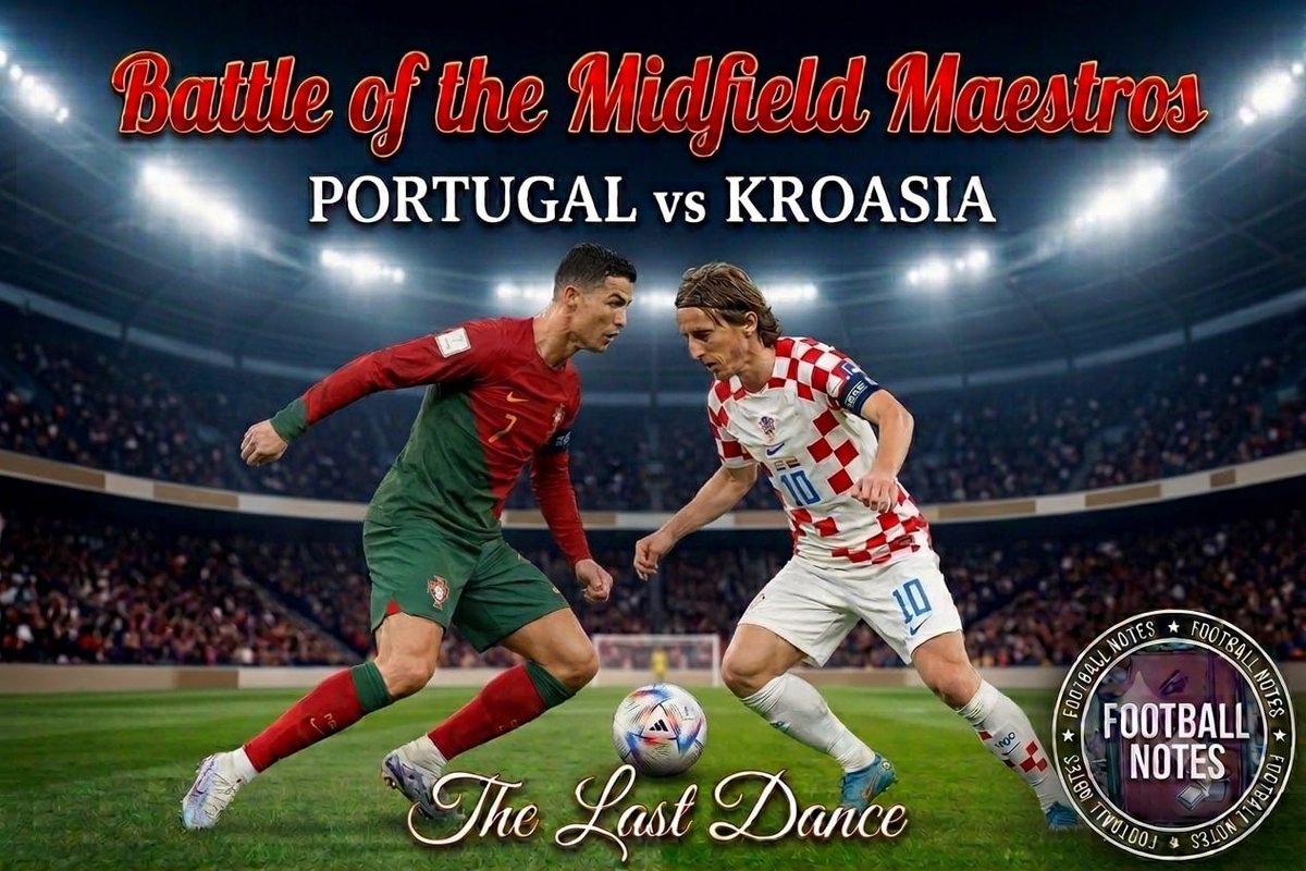 pouershoot's tweet photo. "Battle Of The Midfield Maestros"

Portugal bermain dengan dua wajah satu kaki di masa lalu (Ronaldo), satu kaki di masa depan (Vitinha, Neves, Conceição Jr).

Kroasia, mereka tidak punya masa lalu untuk dipertahankan hanya masa kini yang harus diperjuangkan dengan darah https://t.co/7tz4Vf1sZn