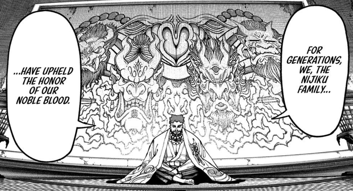 bitcrushpoet's tweet photo. Ok judging by the colors in the anime the Nijiku crest seems to portray the four elemental Oni so here's my guess:
Zanka- Sui-Ki (Water)
Goka- Kin-ki (Metal/earth)
Kyoka- Ka-ki (Fire)
Mama Nijiku- Ongyo-ki or Fuu-ki (Shadow or Wind)
Papa Nijiku- Background, maybe Shuten-dōji? https://t.co/RXB2I6YwFO