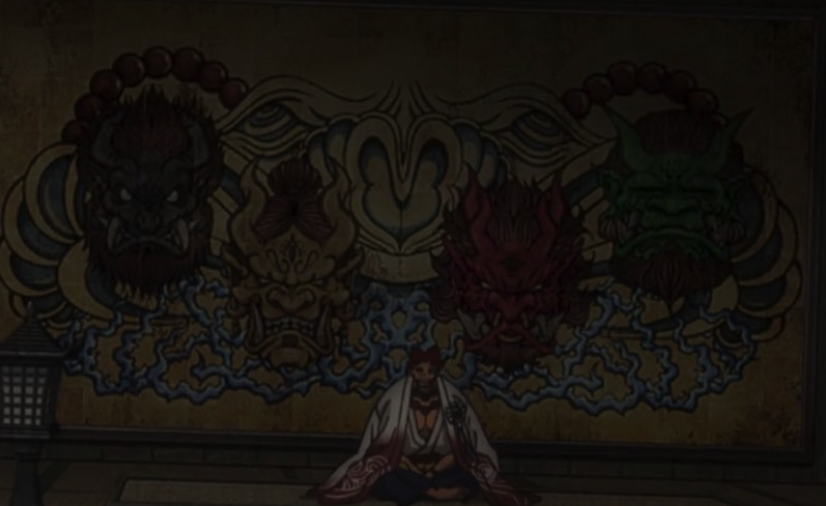 bitcrushpoet's tweet photo. Ok judging by the colors in the anime the Nijiku crest seems to portray the four elemental Oni so here's my guess:
Zanka- Sui-Ki (Water)
Goka- Kin-ki (Metal/earth)
Kyoka- Ka-ki (Fire)
Mama Nijiku- Ongyo-ki or Fuu-ki (Shadow or Wind)
Papa Nijiku- Background, maybe Shuten-dōji? https://t.co/RXB2I6YwFO
