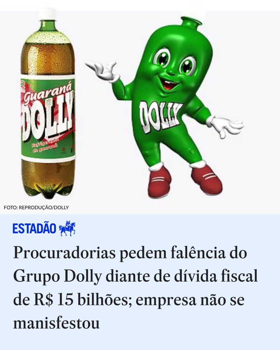 Estadao's tweet photo. Procuradorias pedem falência do Grupo Dolly diante de dívida fiscal de R$ 15 bilhões ->  https://t.co/egRnNgo2s6

Segundo os órgãos, todas as vias de cobrança foram ‘exauridas’ e esbarraram em ‘esquema de manipulação contábil e financeira’ e blindagem patrimonial; procurado, grupo não respondeu