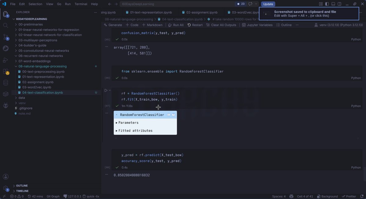 m76760052's tweet photo. #LSPPDay32
- Implemented an end-to-end sentiment analysis pipeline
- Preprocessed IMDb reviews and generated Bag of Words features
- Trained and compared Naive Bayes and Random Forest models
@lftechnology #60DaysOfLearning2026 #LearningWithLeapfrog https://t.co/5DOfY3nvay