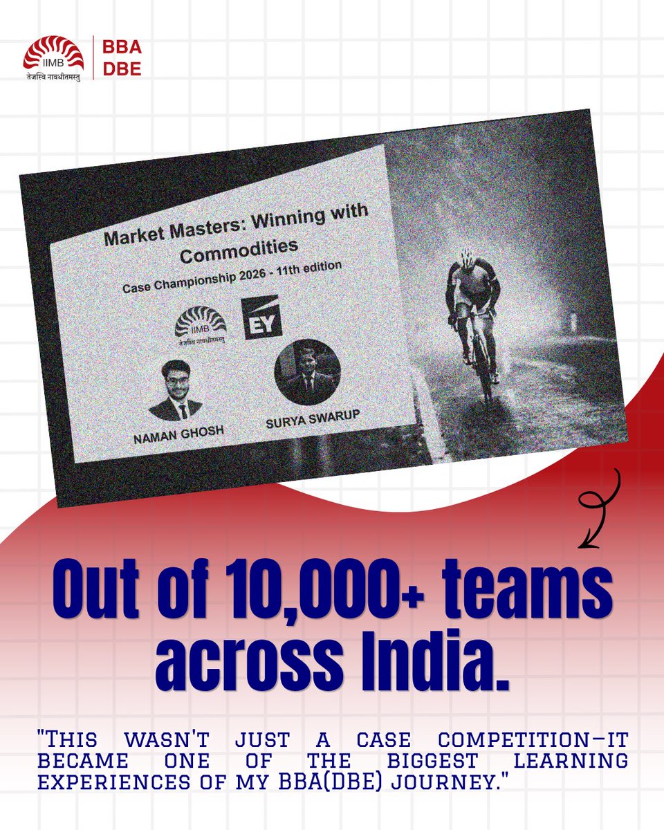 bbadbeiimb's tweet photo. National Rank 1. 10,000+ teams. one winner. 
Surya Swarup and Naman Ghosh from BBA DBE at IIM Bangalore topped the 11th Edition of the EY Case CAFTA Competition and walked away with a 2-month internship at EY.
Finance. Strategy. Business Analysis. Applied beyond the classroom.
Congratulations, Surya and Naman. 
#EYCAFTA #BBADBE #IIMBangalore