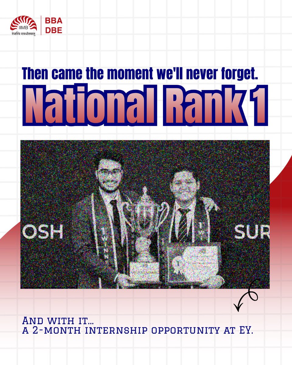 bbadbeiimb's tweet photo. National Rank 1. 10,000+ teams. one winner. 
Surya Swarup and Naman Ghosh from BBA DBE at IIM Bangalore topped the 11th Edition of the EY Case CAFTA Competition and walked away with a 2-month internship at EY.
Finance. Strategy. Business Analysis. Applied beyond the classroom.
Congratulations, Surya and Naman. 
#EYCAFTA #BBADBE #IIMBangalore