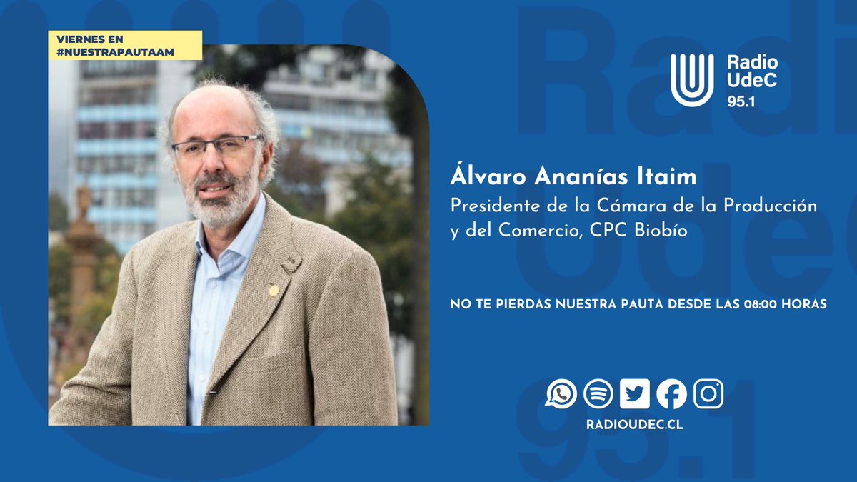 RadioUdeC's tweet photo. #Entrevista 🎙️ Este viernes en #NuestraPautaAM:

🔹Conversaremos con el presidente de la CPC Biobío, Álvaro Ananías I., sobre su nuevo periodo frente a la CPC y los nuevos desafíos en Biobío.

@cpcbiobio

📻95.1 FM
💻https://t.co/hXUVIVfiT8 https://t.co/IlM6EIPqtb