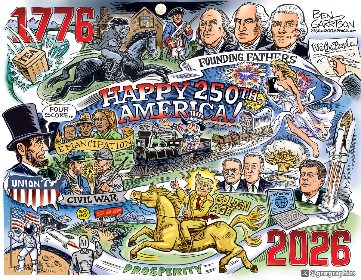 GrrrGraphics's tweet photo. 🇺🇸𝐇𝐚𝐩𝐩𝐲 𝟐𝟓𝟎𝐭𝐡 𝐁𝐢𝐫𝐭𝐡𝐝𝐚𝐲, 𝐀𝐦𝐞𝐫𝐢𝐜𝐚! 🇺🇸🥳🥳🥳

From Paul Revere’s midnight ride and the bold vision of our Founding Fathers… through the fire of the Civil War and the promise of Emancipation… to the Golden Age we’re riding into today.
250 years of courage, resilience, innovation, and unbreakable spirit. From the stars and stripes to the stars themselves — America is still the greatest story ever told.
Historic  Ben Garrison masterpiece a rare once in 250 year cartoon! 
God Bless America! What part of our history inspires you most?
 
Drop it below  and repost to celebrate, America the best country in the world!
 Follow @grrrgraphics for more inspiring art!❤️🤍💙
Prints and historic original at the post  in first reply: