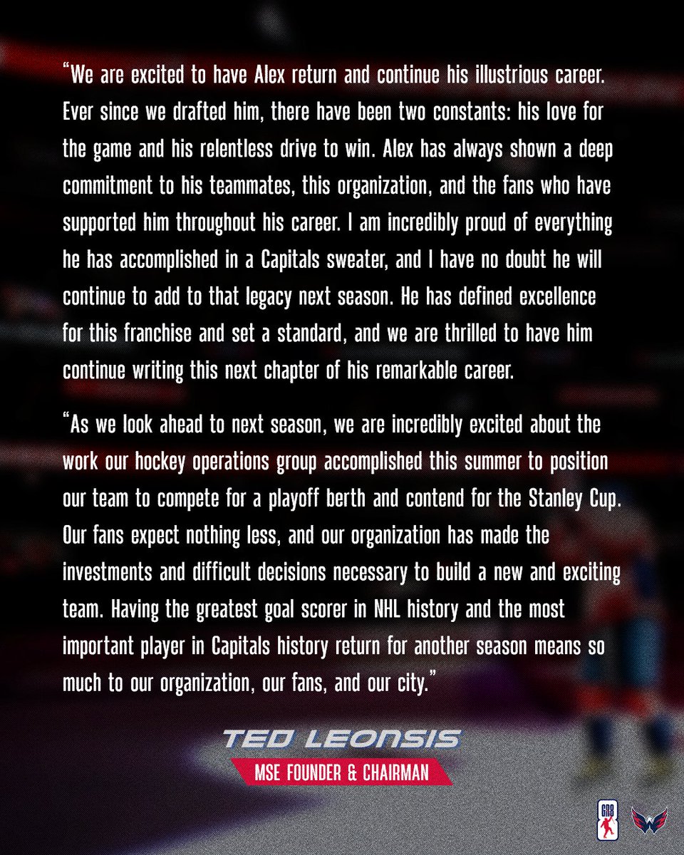 Capitals's tweet photo. Statement from @MSE Founder and Chairman Ted Leonsis on the excitement for Alex Ovechkin’s return.

#ALLCAPS | #Gr8ness https://t.co/ShA3CjSMp9