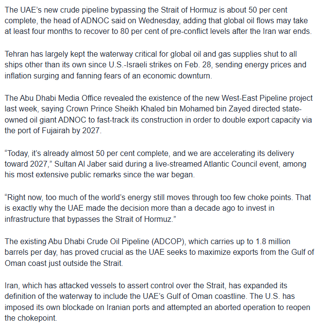 mattforney's tweet photo. The Iran war effectively destroyed every nation outside of the Americas as a rival to the U.S.

Iran is broken as a contender for power; they can't even sell their oil. Tankers are ignoring the IRGC and transiting via Omani territorial waters, protected by the U.S. Navy. Iran is too cowardly to commit acts of war off the Omani coast. Oman has also made it clear that they will never support Iran's delusional plan to toll the Strait.

Iran can't get a single tanker to dock at its ports. Their economy is in a tailspin. Iranian inflation is approaching pre-Milei Argentine numbers. A famine is a very real possibility; Iran imports half of its food and no one is willing to sell to a pirate state that keeps shooting at commercial traffic.

Iran has failed to uphold its end of the MOU and thus hasn't received a single dollar in unfrozen funds or Gulf development aid. The MOU was a test to see if they could behave rationally when their military leverage is gone and their economic leverage is fast eroding. They failed.

Demand destruction has been concentrated almost entirely in Europe and Asia. China and India are crippled. The Chinese will be faced with the choice of switching off their data centers, stalling "development" of the AI they stole from xAI and Anthropic, or forcing starving Chinese citizens to eat babies.

Europe, already deindustrializing thanks to the Ukraine war, has been dealt a death blow. They won't recover for decades, possibly generations. Denmark might end up selling Greenland to us to stave off a depression.

The war has forced countries reliant on Strait oil flows to accelerate their plan Bs in the same way that the 70s oil embargo forced the U.S. to begin oil extraction in Alaska. The UAE will complete the new Gulf of Oman pipeline, rendering the Strait obsolete, much like how the discovery of the Americas allowed Europe to circumvent the Middle East when trading with China, turning the region into an irrelevant backwater.

The country that benefited the most from the war was America. Iran has been severed from the global economy and even from BRICS. Buyers now have to go to America or her allies. Refineries in Texas and Louisiana are booming thanks to Venezuela realigning with the U.S. and sending its crude to our shores. China will have to do what we say if they want energy.

Energy prices in the U.S. are now so substantially lower than in Europe and Asia that offshoring and outsourcing are no longer financially prudent. Turns out that the way for manufacturing to compete with cheap labor countries like India is to make the cheap labor expensive. Jobs and investment are coming back to America, the only sure bet. With demand destruction creating an oil glut, Americans will be enjoying $2.50/gallon gas or lower by next year while the rest of the world starves.

The Iran war has even crippled Russia. A combination of demand destruction and Ukrainian attacks on Russian refineries has sparked off an energy crisis there. We might actually see the Mongols driven out of Donbass and total Ukrainian victory.

In one stroke, Trump cemented American dominance over the world. Iran, China, India, Europe, Russia, Africa...all crushed. He pressed the "fix everything" button and all it took was paying 50 cents more at the pump for a couple of months. I'd say that was more than worth it.

The American Empire rises.