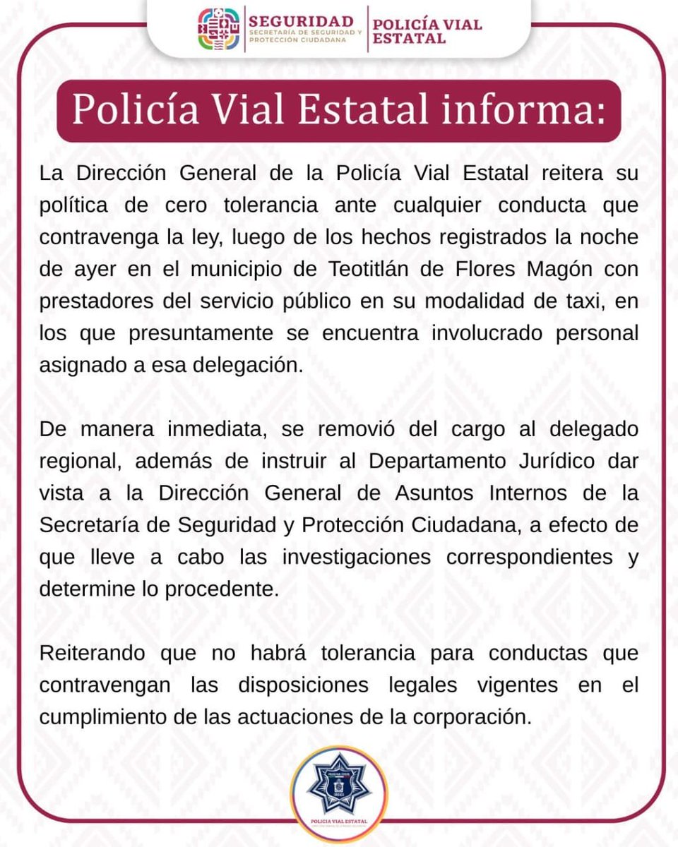 ContraProMx's tweet photo. ⚖️ ⚖️ La policía vial de #Oaxaca remueve a su delegado en #Teotitlan del Camino, luego que este sostuvo un conflicto con transportistas locales.
@PolVial_GobOax https://t.co/D8OVC9iYDK