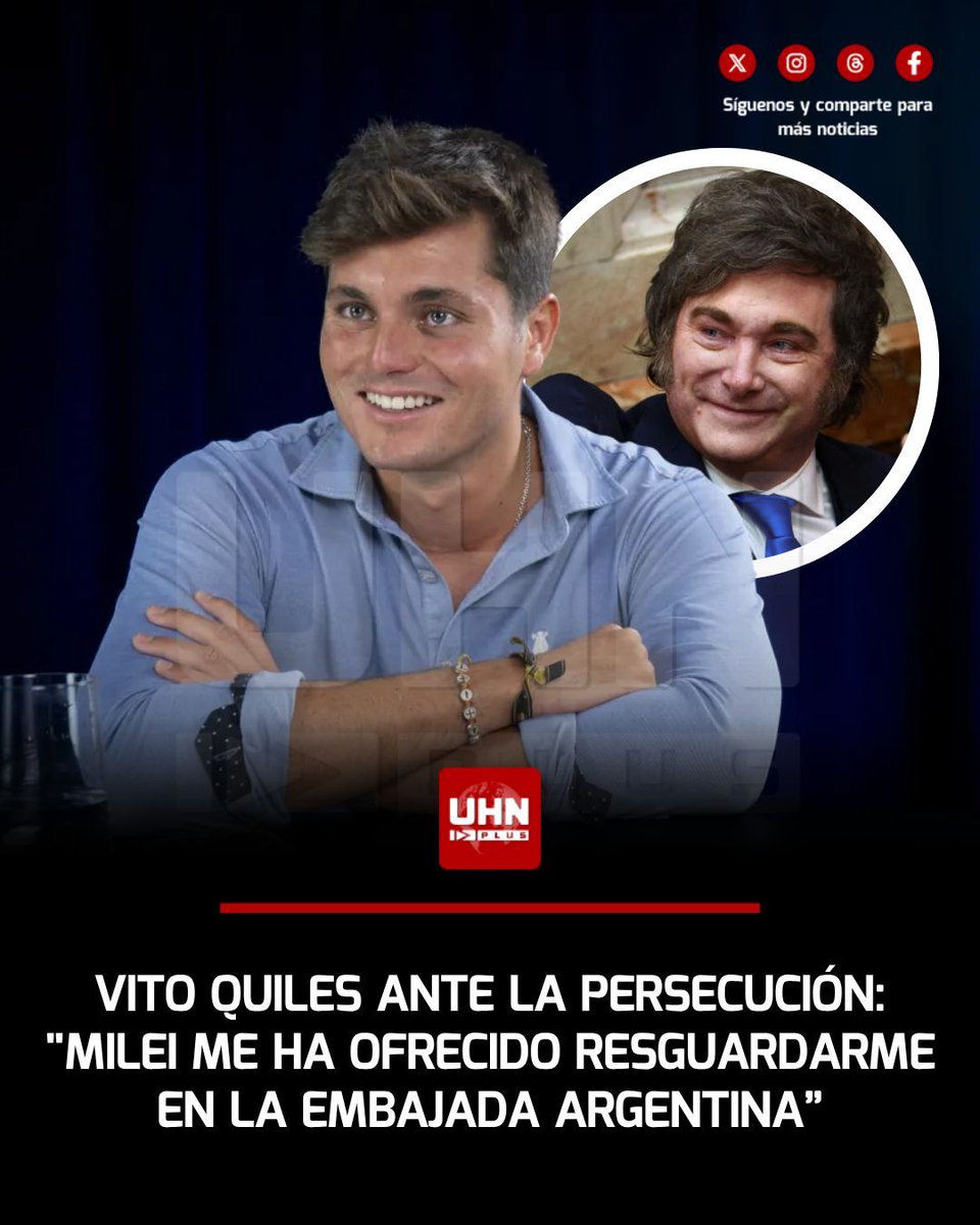 UHN_Plus's tweet photo. 🇪🇸🇦🇷‼️ | El periodista de EDATV, Vito Quiles, reveló que mantiene un canal de comunicación directo con el mandatario argentino, Javier Milei, quien le manifestó su apoyo para resguardar su integridad física y política en las dependencias diplomáticas si el hostigamiento institucional en territorio español continúa agravándose.