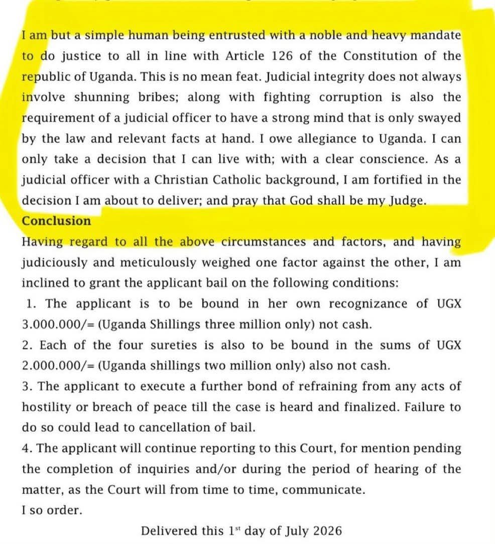 Nkarichia's tweet photo. Someone print this out and place it on every court notice board. And then let it be read every Friday before Courts deliver their Rulings and Judgments. Yesterday, Hon Sheilah Gloria Atim reminded Uganda, and all of us, what judicial courage looks like.
#FiatJustitia #RuleOfLaw https://t.co/spRWPyf9hU