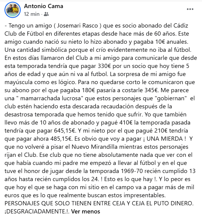 solofichajes123's tweet photo. 🗣️Antonio Cama, ex futbolista y anterior entrenador de las secciones inferiores del @Cadiz_CF, carga contra los dueños del club: "No volveré a pisar el Nuevo Mirandilla mientras estos personajes rijan el club... Y lo peor es que el que se haga con mi sitio en el campo va a pagar más de 1.000 euros, que es lo que realmente buscan estos impresentables. Personajes que desgraciadamente sólo tienen entre ceja y ceja el puto dinero"