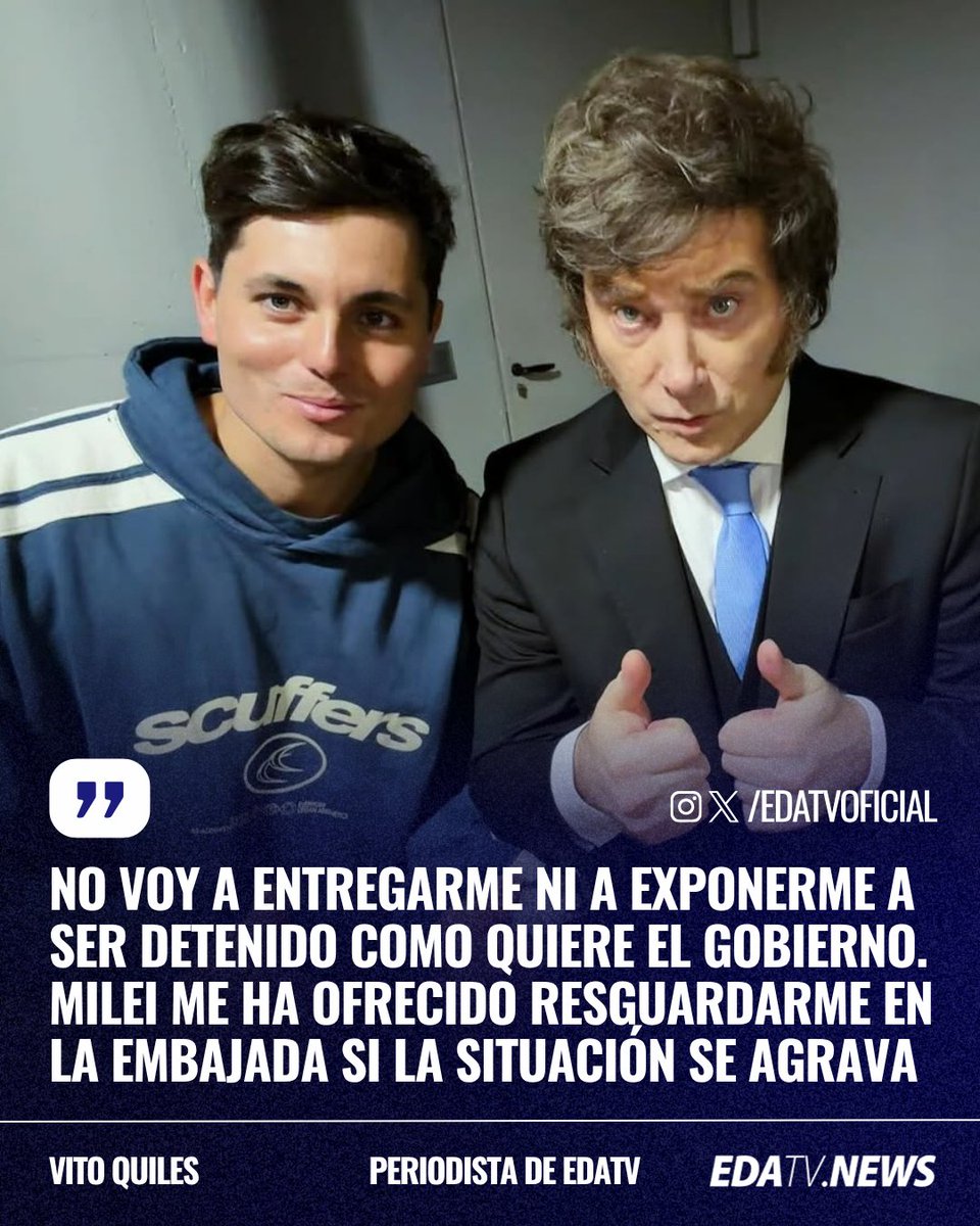 edatvoficial's tweet photo. ‼️🇪🇸🇦🇷 | Javier Milei ofrece asilo en la Embajada argentina en España a nuestro periodista Vito Quiles ante su persecución judicial: "No voy a entregarme ni a exponerme a ser detenido como quiere el Gobierno. Milei me ha ofrecido resguardarme en la Embajada si la situación se agrava". @vitoquiles @JMilei