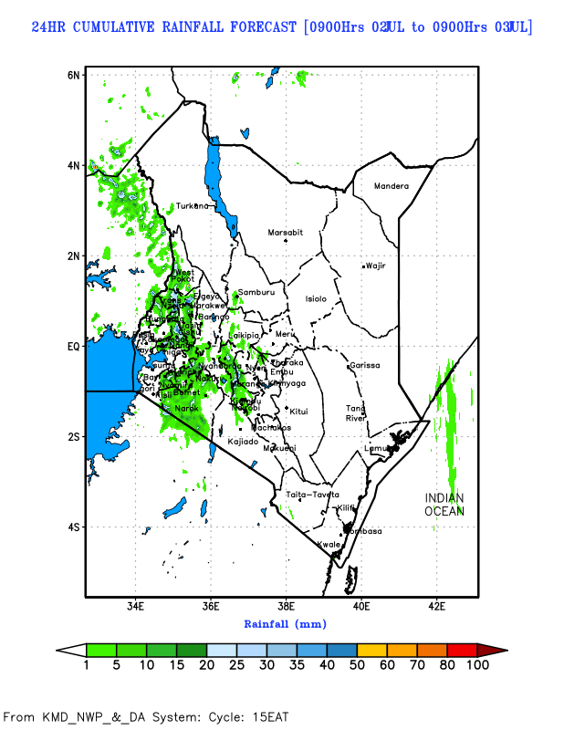 MeteoKenya's tweet photo. DAILY FORECAST FOR THE NEXT SEVEN DAYS

SUMMARY:

🌤️Most parts of the country are likely to be generally dry. 

🌧️Rainfall is mainly expected over the Rift Valley, Nyanza, Western and Central Kenya.

☁️Intermittent cool and cloudy conditions are expected in some parts of the Rift Valley, Central, Western, Southeastern & Northeastern Kenya.