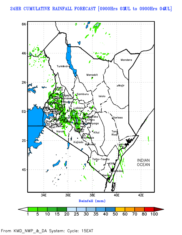 MeteoKenya's tweet photo. DAILY FORECAST FOR THE NEXT SEVEN DAYS

SUMMARY:

🌤️Most parts of the country are likely to be generally dry. 

🌧️Rainfall is mainly expected over the Rift Valley, Nyanza, Western and Central Kenya.

☁️Intermittent cool and cloudy conditions are expected in some parts of the Rift Valley, Central, Western, Southeastern & Northeastern Kenya.