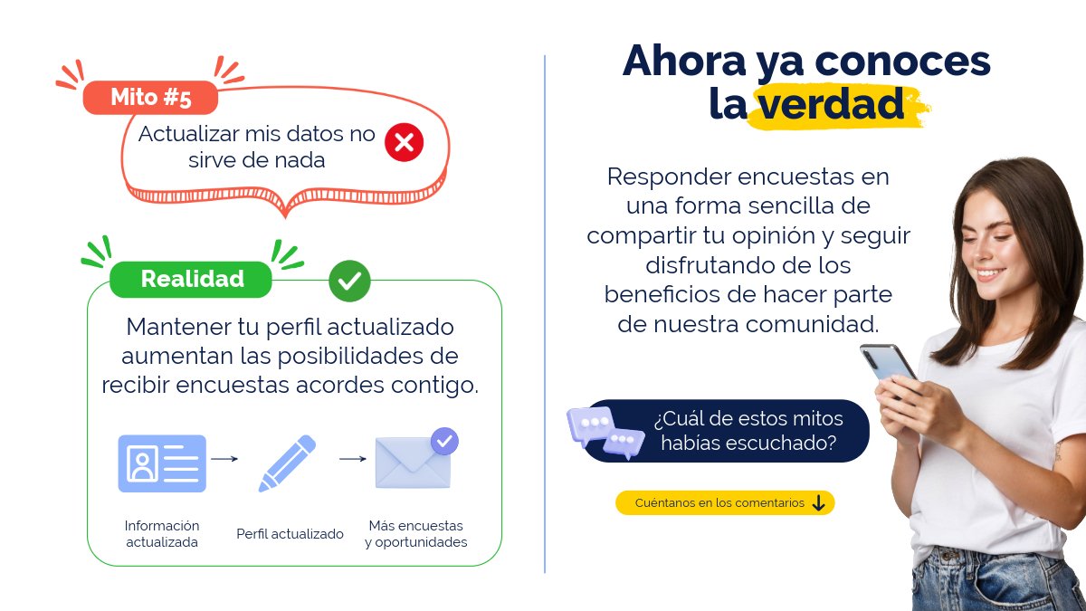 CHL_INV's tweet photo. 💬 ¿Mito o realidad?

¿Has escuchado alguno de estos mitos sobre responder encuestas online? 🤔 Hoy te contamos qué hay de cierto en cada uno. ¿Cuál habías escuchado?

💙 Tu opinión cuenta.

#CHL #CHLInvestigaciones #Encuestas #Beneficios https://t.co/Av3jNwJ0mb