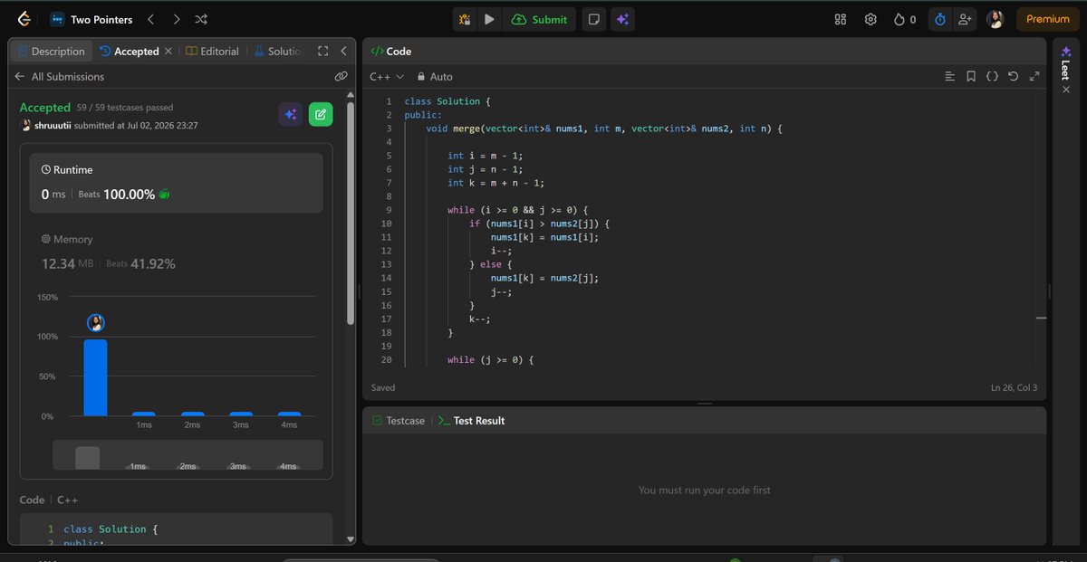 shruti_mz's tweet photo. #LSPPDay32
Solved Merge Sorted Array using the 2 pointer approach. Learned about serialization and deserialization in backend: how data is converted for storage or transmission and then reconstructed when needed.
#LearningWithLeapfrog 
#60DaysOfLearning2026
@lftechnology https://t.co/cPUB6youyW